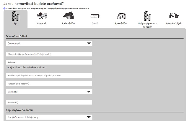 Zadávací formulář při ocenění nemovitosti INEM